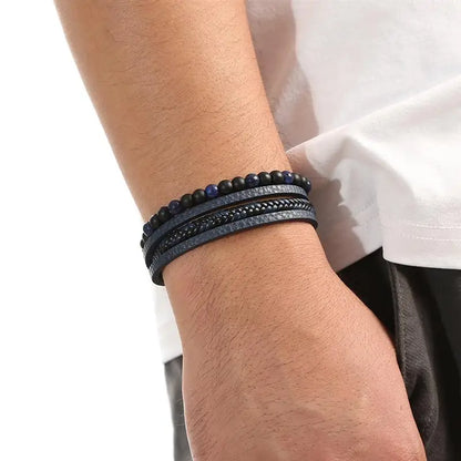 Bracelet Cuir Tressé Multicouche Punk – Boucle Magnétique Croix Homme
