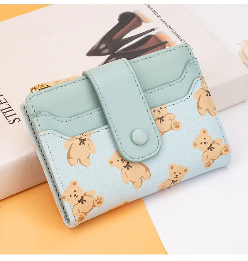 Portefeuille Femme Court Ourson Mignon - Bifold Cuir PU Porte-Cartes Zipper Bleu