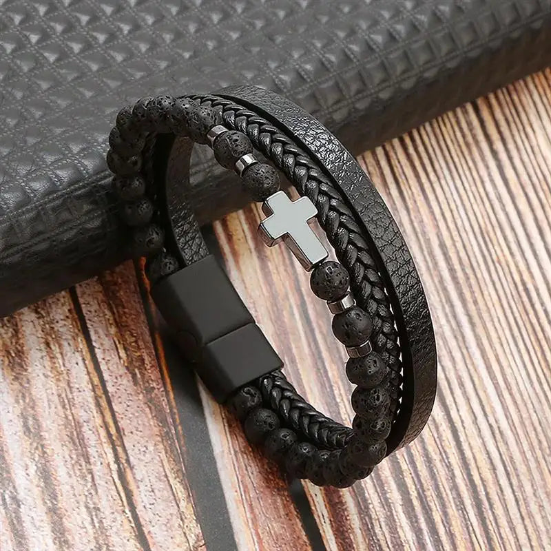 Bracelet en Cuir Tissé Main Multi-Couches pour Homme - Combinaison Classique Punk