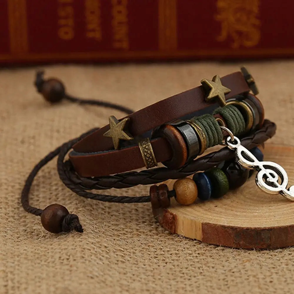 Bracelet Cuir Fait Main Bohème Gypsy - Étoile Métal Perles Bois Ajustable