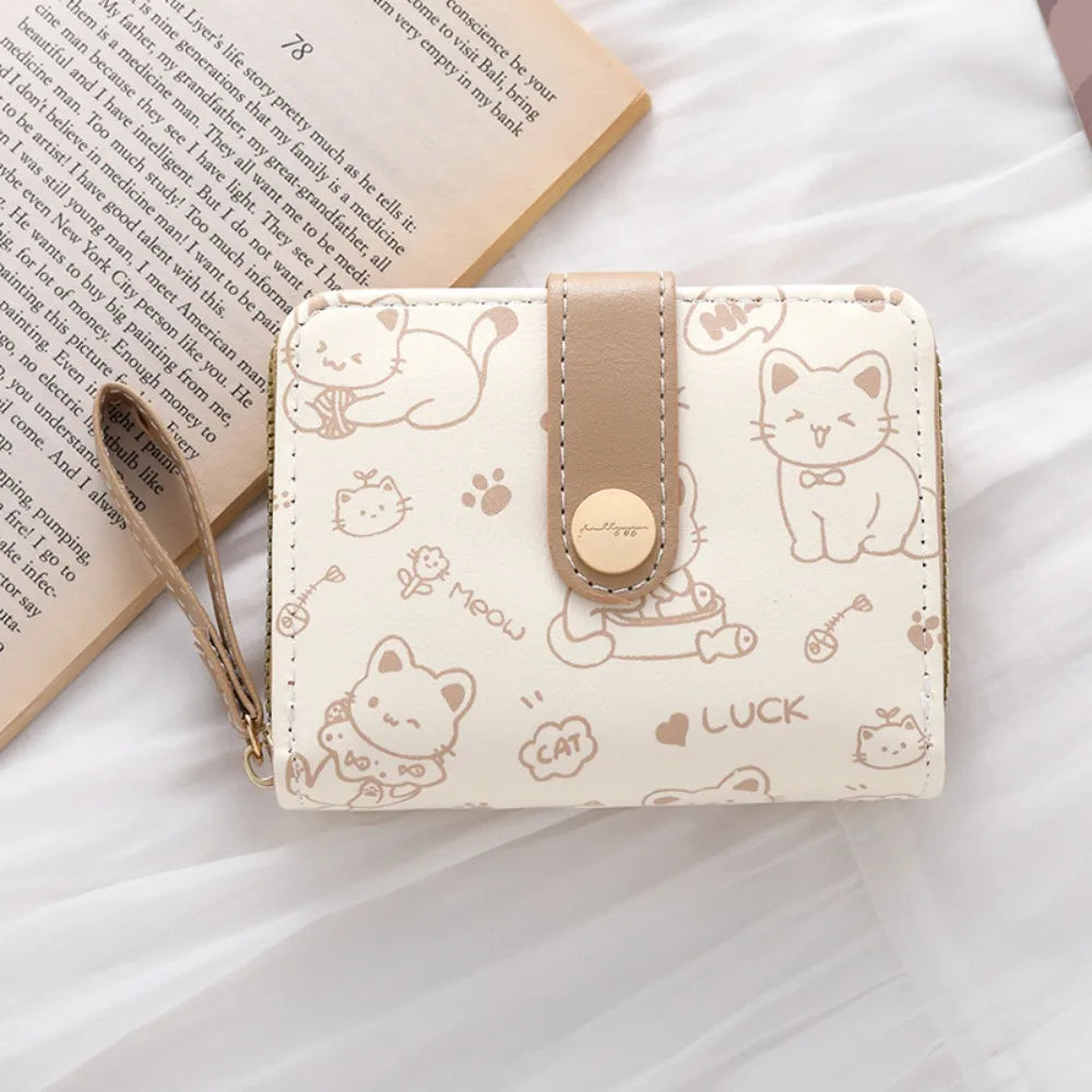 Portefeuille Femme Chat Mignon Cuir PU - Porte-Monnaie Court Grande Capacité Voyage