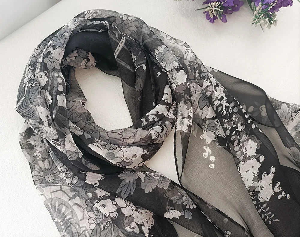 Foulard Écharpe Mousseline Georgette Femme Fleur Prune - Bandana Été Léger Respirant