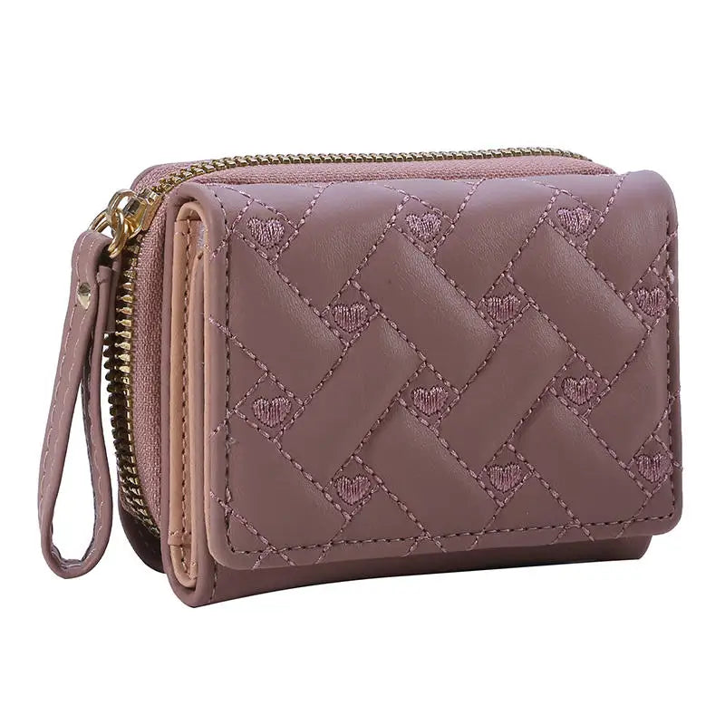 Porte-Monnaie Femme Cœur Brodé Cuir PU - Petit Portefeuille Trifold avec Lanière