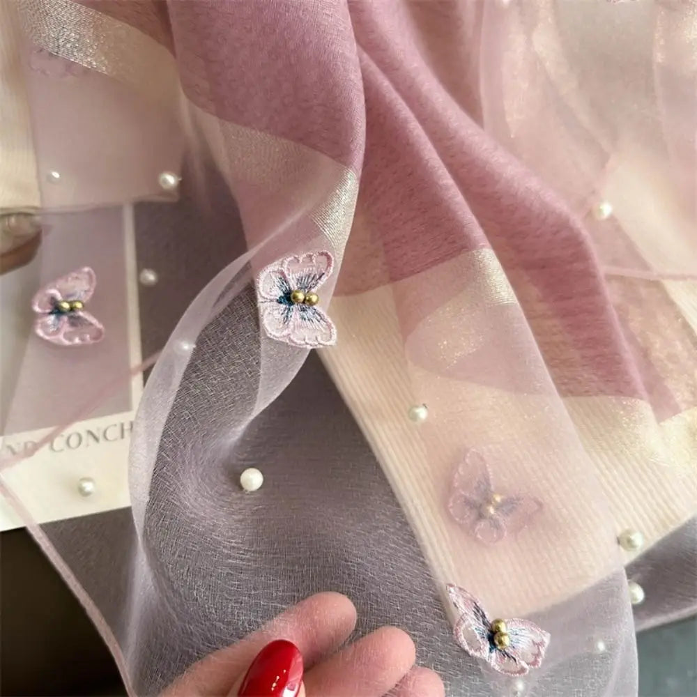 Foulard Soie Broderie Papillon Femme - Écharpe Châle Hijab Luxe Léger Élégant
