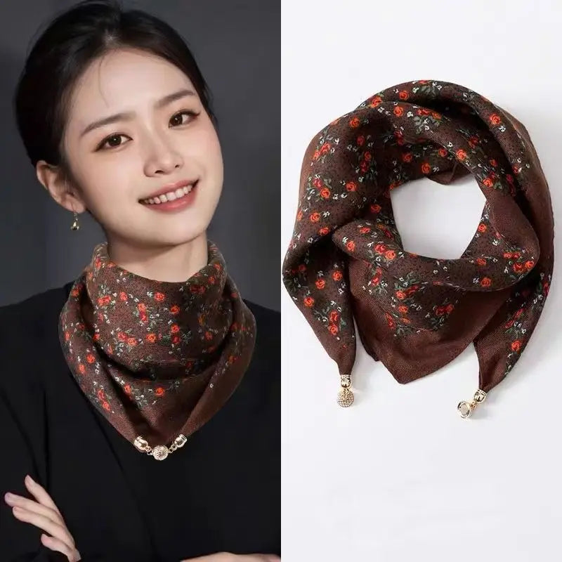 Luxury Square Scarf with Magnetic Buckle for Women - Silk Triangle Cross Scarf