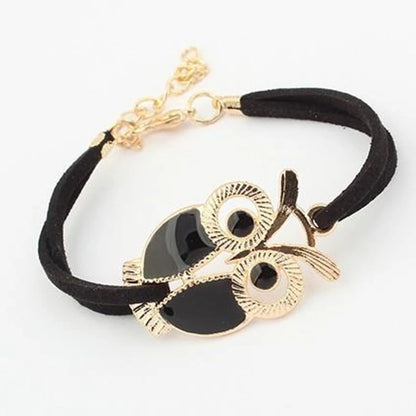 Bracelet Cuir Noir Hibou Infini – Charm Unisexe Ajustable Plage