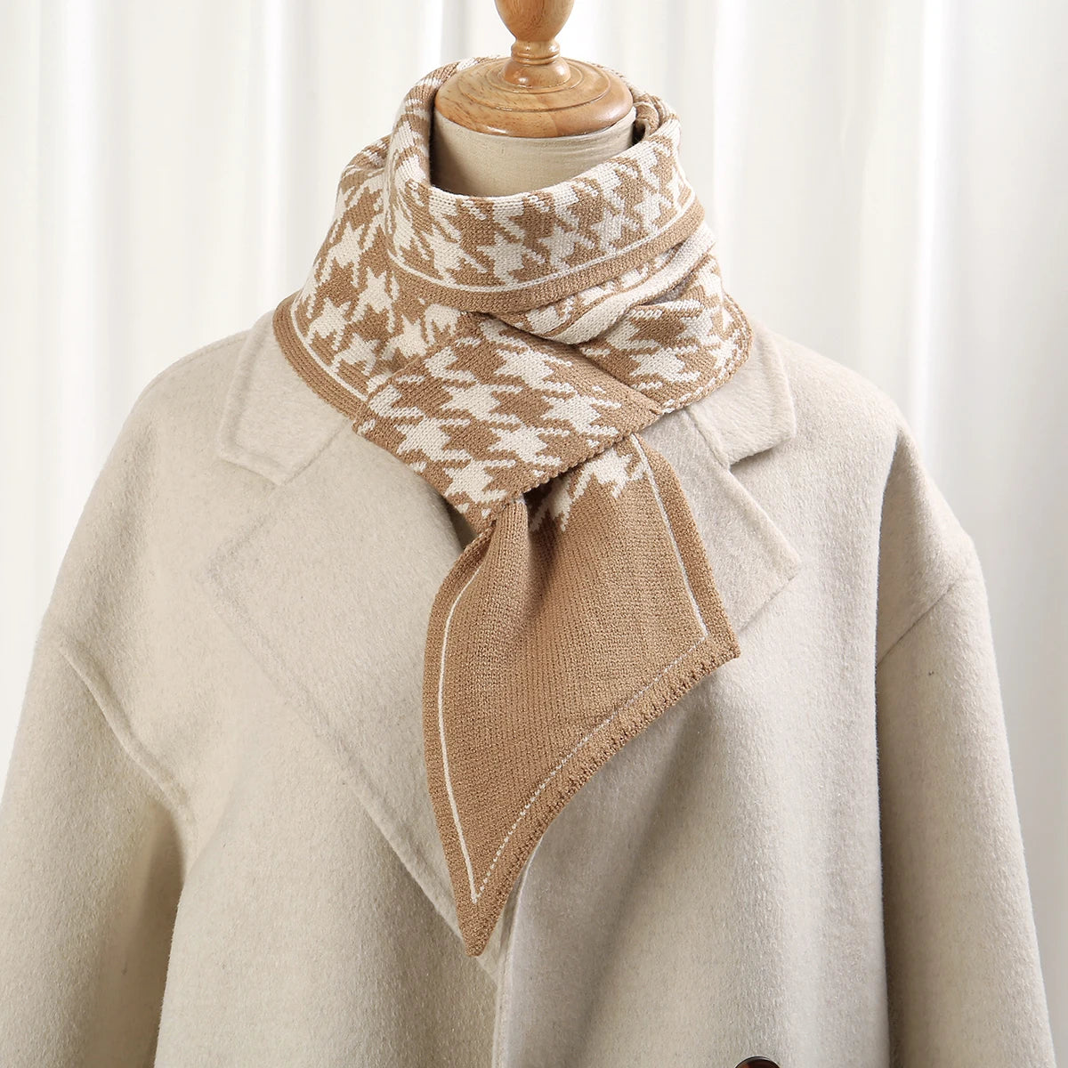 Foulard Écharpe Pied-de-Poule Luxe Femme - Tricot Long Mince Hiver Cou