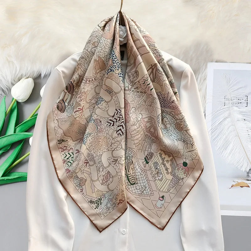 Foulard Carré Soie 100% 90cm Double Face Femme - Neckerchief Châle Luxe Gris Taupe