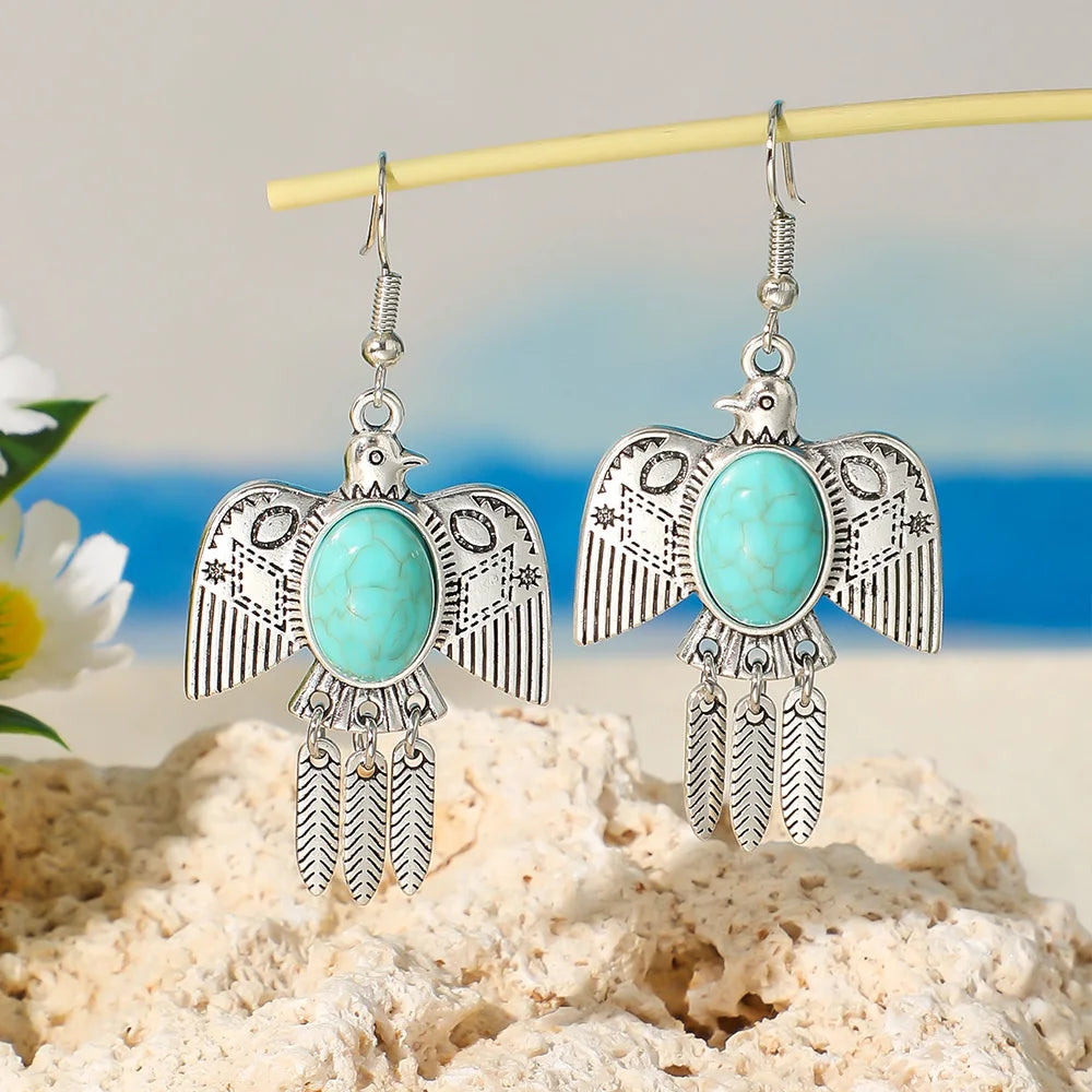 Ensemble Bijoux Bohème Turquoise Oiseaux – Boucles Pendantes Argent Antique