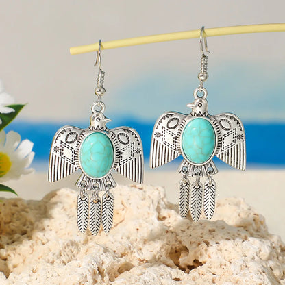 Ensemble Bijoux Bohème Turquoise Oiseaux – Boucles Pendantes Argent Antique