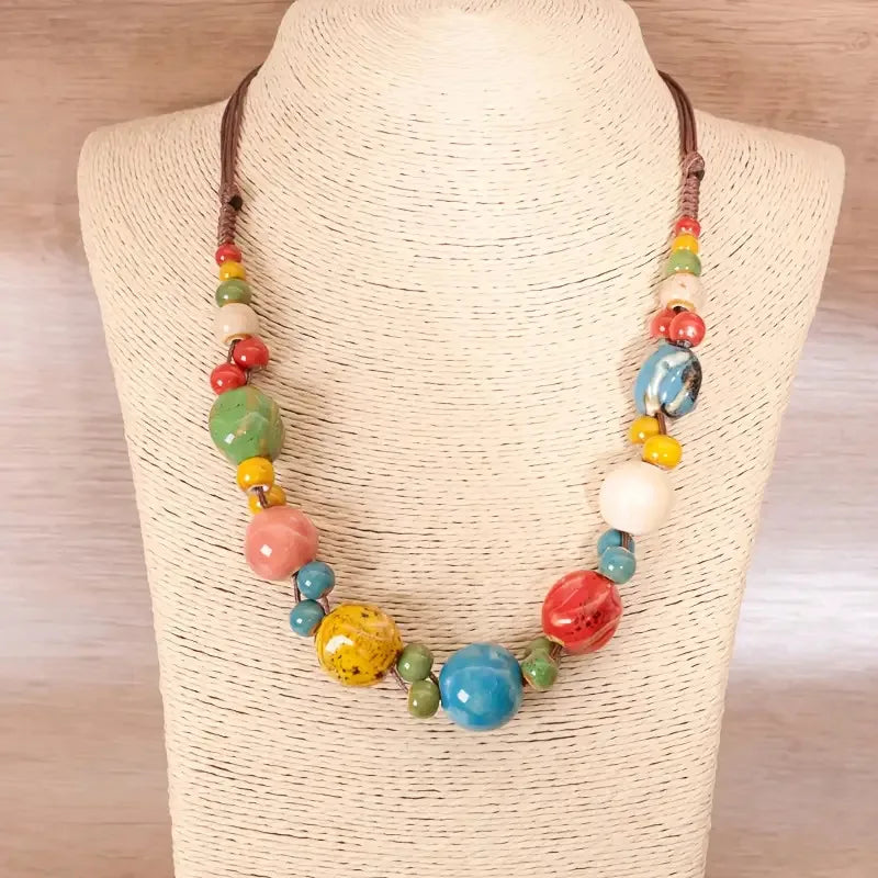 Collier Perles Céramique Tressé Main Bohème – Ajustable Ethnique Rétro Femme