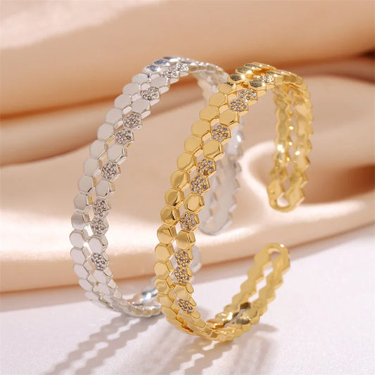 Bracelet Manchette Cuivre & Zirconia Femme – Ouvert Géométrique, Style Vintage Doré