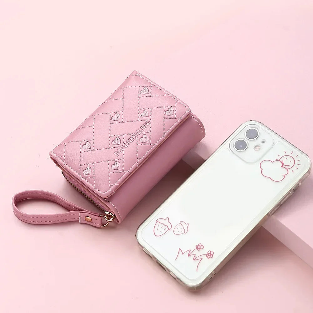 Portefeuille Femme Mignon Cœur Brodé Cuir PU - Trifold Multi-Cartes avec Porte-Monnaie
