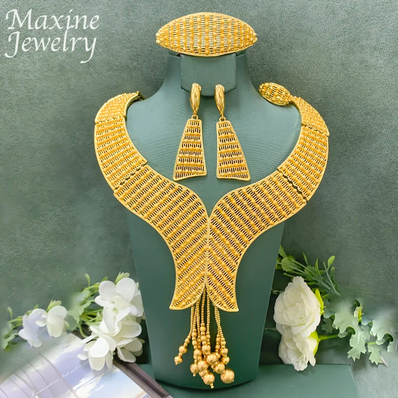Ensemble Bijoux Dubai Bohème Plaqué Or 18K Luxe – Collier Boucles Bracelet Bague Mariée Femme