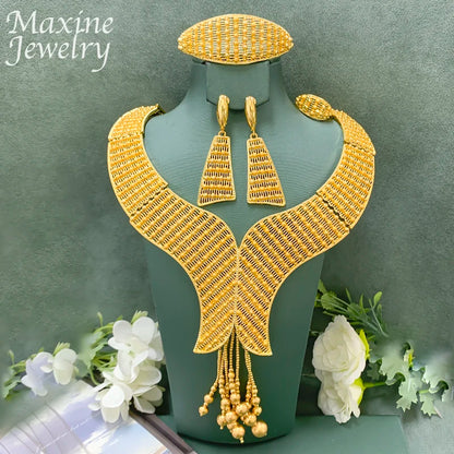 Ensemble Bijoux Dubai Bohème Plaqué Or 18K Luxe – Collier Boucles Bracelet Bague Mariée Femme