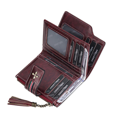 Portefeuille Femme Cuir Ciré Glands - Porte-Monnaie Tri-Fold Multi-Fentes Fermeture Éclair