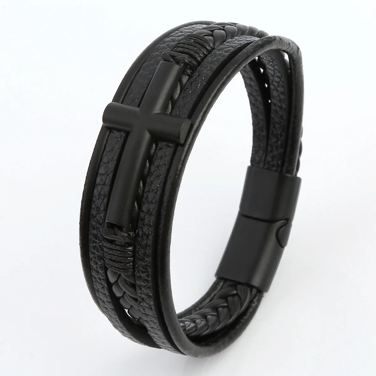 Bracelet Cuir Tressé Multicouche Punk – Boucle Magnétique Croix Homme