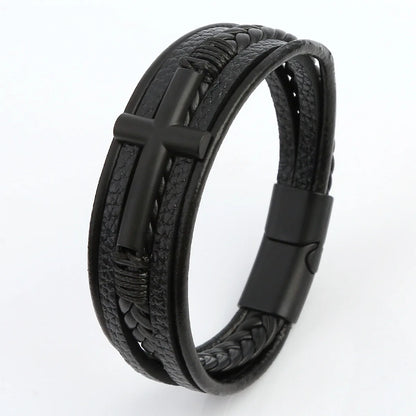 Bracelet Cuir Tressé Multicouche Punk – Boucle Magnétique Croix Homme