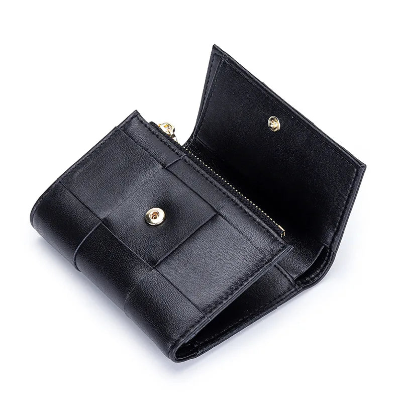 Portefeuille Femme Court Cuir Véritable Peau Mouton Tressé - Porte-Monnaie Trifold Zippé Grande Capacité Noir
