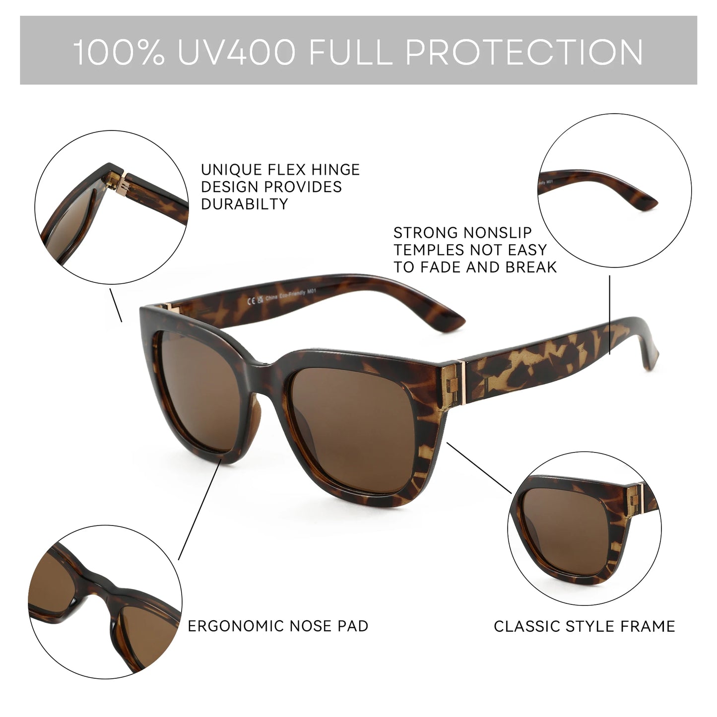 ZENOTTIC Lunettes de Soleil Carrées Polarisées Rétro — UV400, Femme