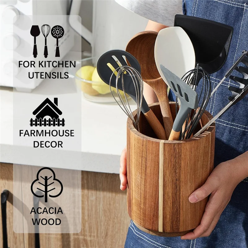 Pot à Ustensiles de Cuisine en Bois d'Acacia Rotatif 360° - Style Farmhouse