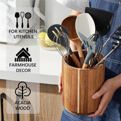 Pot à Ustensiles de Cuisine en Bois d'Acacia Rotatif 360° - Style Farmhouse