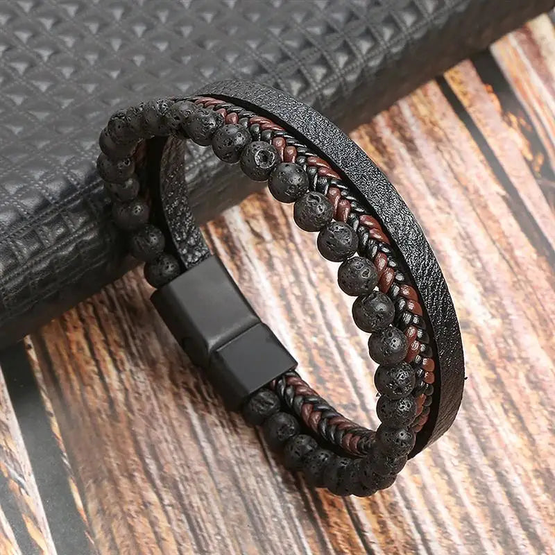 Bracelet en Cuir Tissé Main Multi-Couches pour Homme - Combinaison Classique Punk