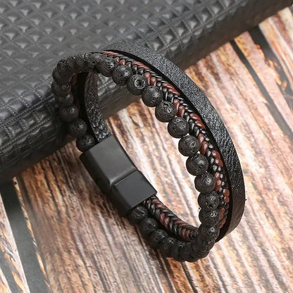 Bracelet en Cuir Tissé Main Multi-Couches pour Homme - Combinaison Classique Punk