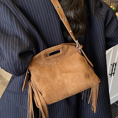 Sac à Main Femme Daim Vintage Style Français - Sac Bandoulière Épaule Glands Café