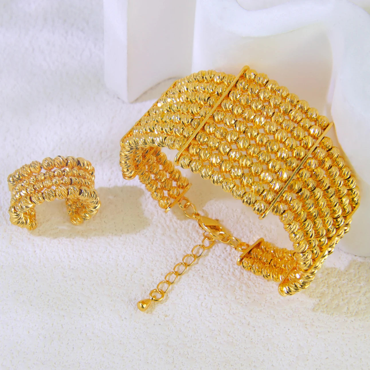 Ensemble Bracelet Bague Perles Dubai Mariage Plaqué Or 24K Luxe – Bangles Ajustables Mariée Arabe Femme