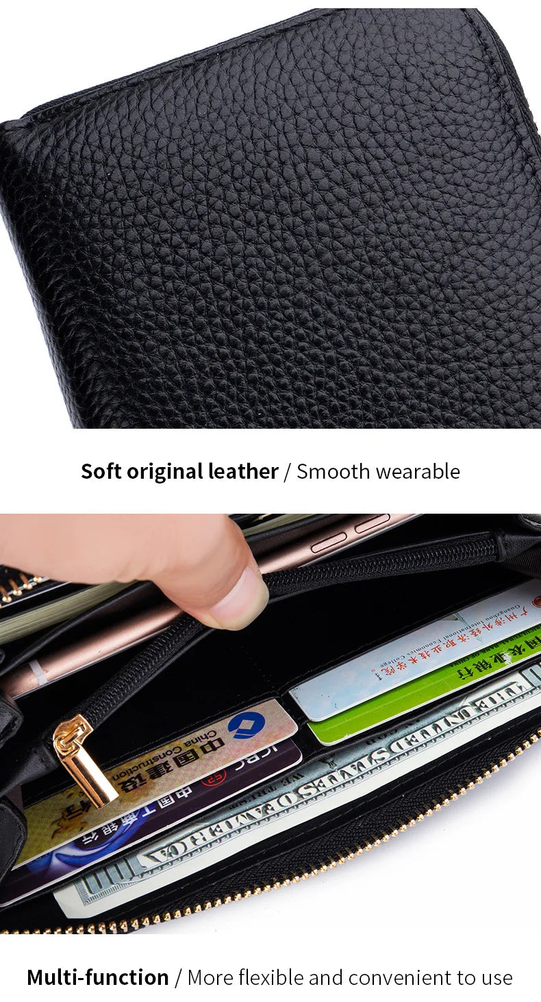 Portefeuille Femme Cuir Véritable RFID - Porte-Carte Zippé Multi-Compartiments avec Pompon