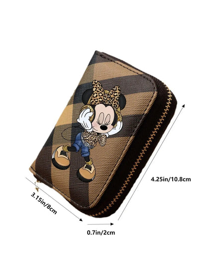 Portefeuille Minnie Motif Carreaux Léopard - Porte-Monnaie Court Cuir PU Zippé Femme Fille Disney