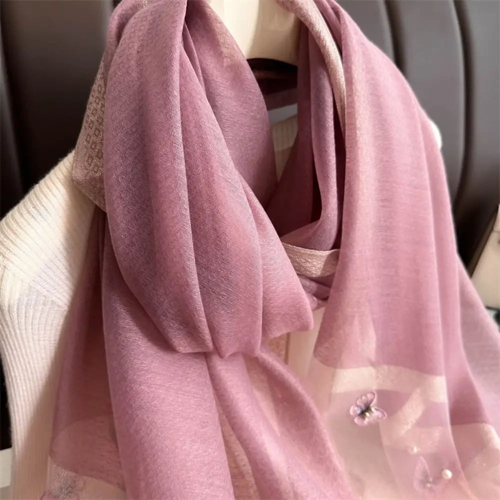 Foulard Soie Broderie Papillon Femme - Écharpe Châle Hijab Luxe Léger Élégant