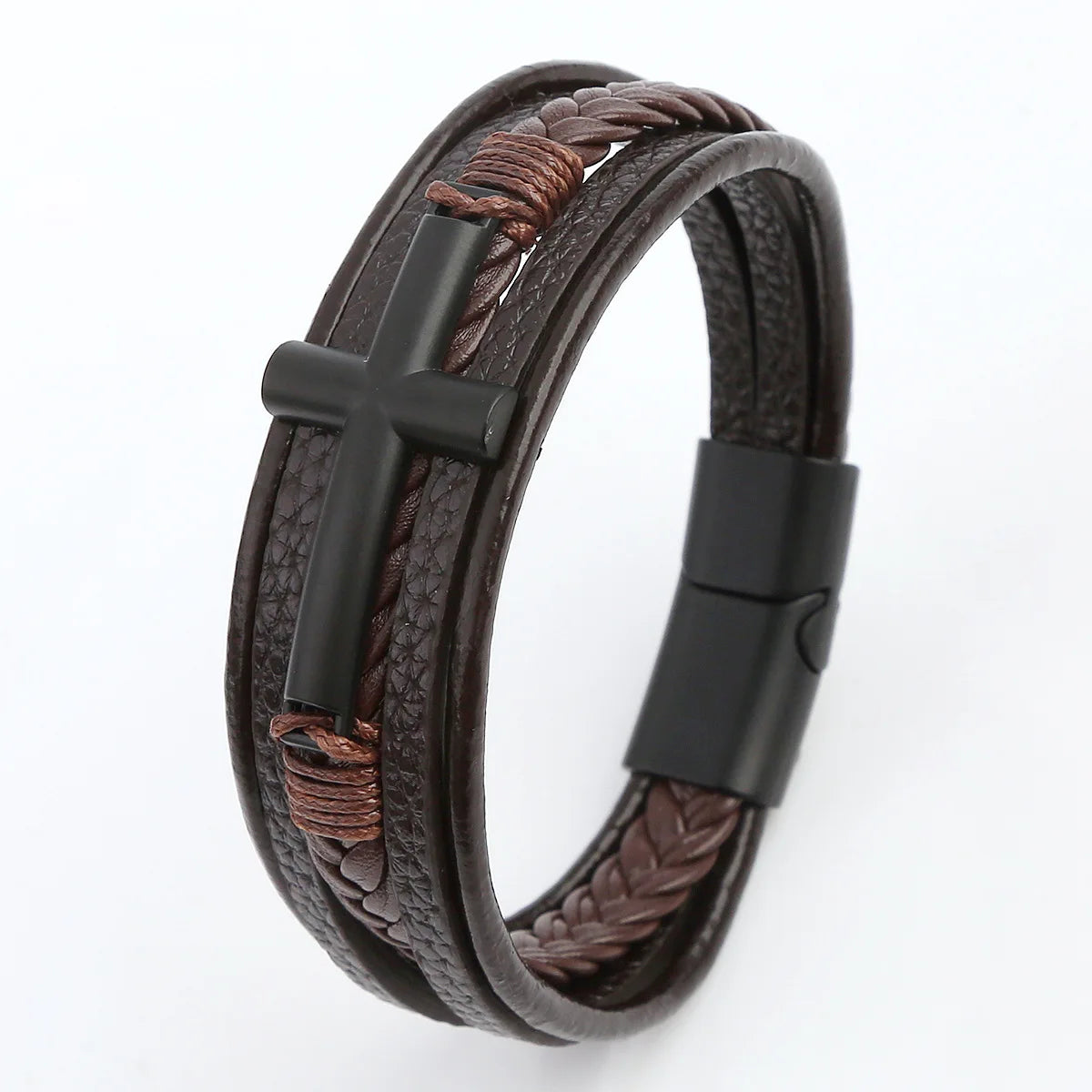 Bracelet Cuir Tressé Multicouche Punk – Boucle Magnétique Croix Homme