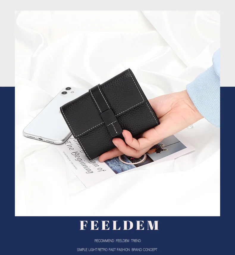 Portefeuille Femme Court Cuir Véritable Trifold - Porte-Monnaie Zippé Grande Capacité Contraste Marron