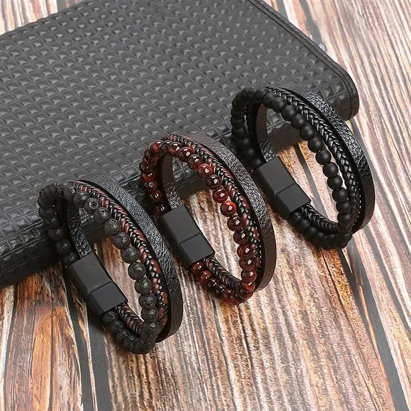 Bracelet Cuir Tressé Multicouche Punk – Boucle Magnétique Croix Homme