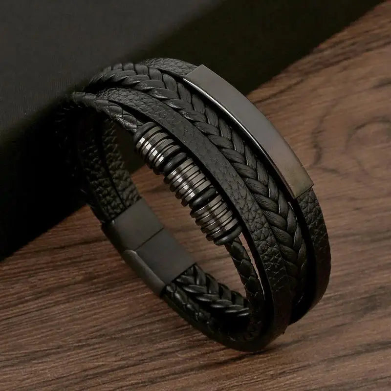 Bracelet en Cuir Tissé Main Multi-Couches pour Homme - Combinaison Classique Punk
