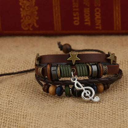 Bracelet Cuir Fait Main Bohème Gypsy - Étoile Métal Perles Bois Ajustable