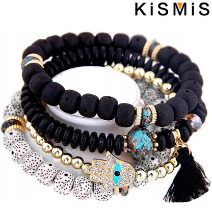 Set de 4 Bracelets Bohèmes Superposables - Œil Protecteur et Pompon