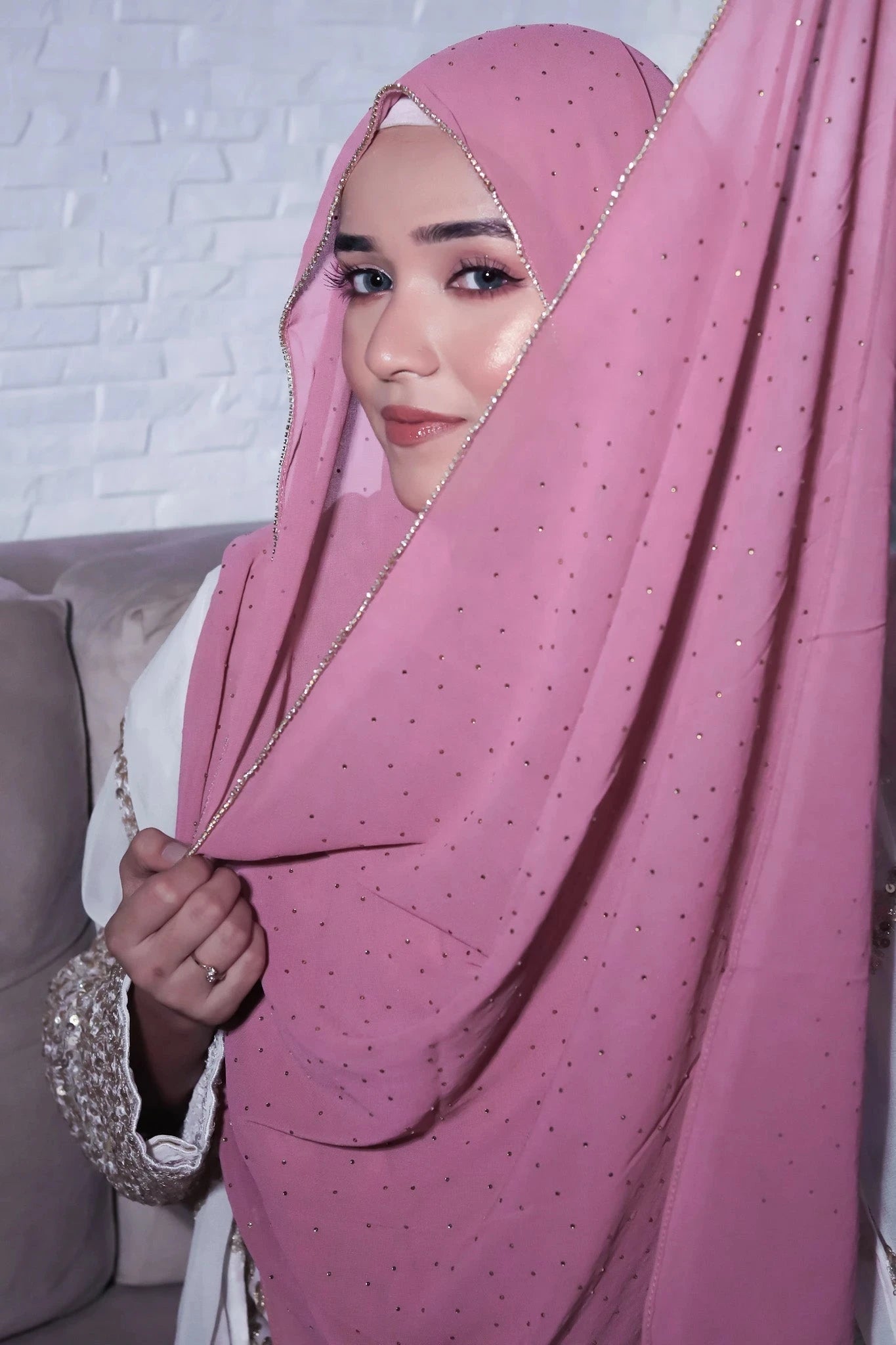 Hijab Mousseline Chaîne Strass - Voile Long Élégant Femme