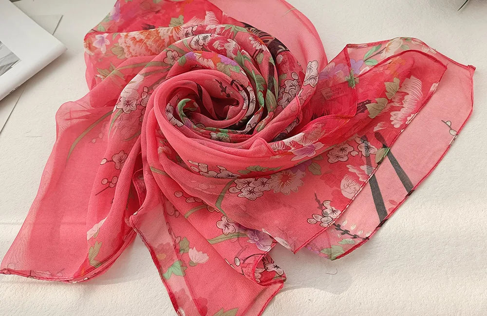 Foulard Écharpe Mousseline Georgette Femme Fleur Prune - Bandana Été Léger Respirant