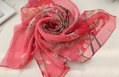 Foulard Écharpe Mousseline Georgette Femme Fleur Prune - Bandana Été Léger Respirant