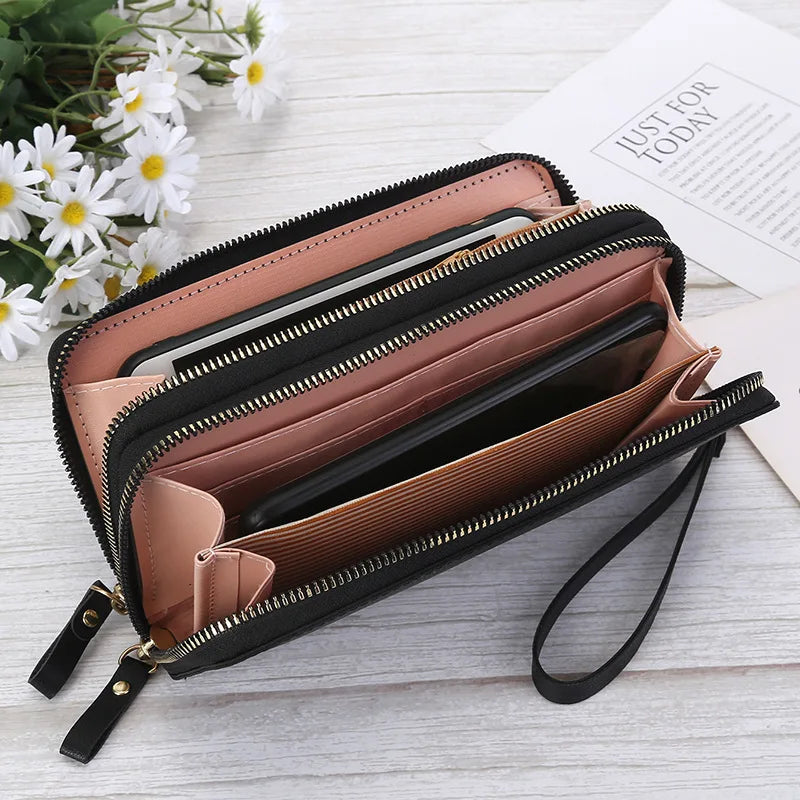 Portefeuille Femme Long Cuir PU Double Fermeture Éclair - Porte-Monnaie Téléphone Rouge