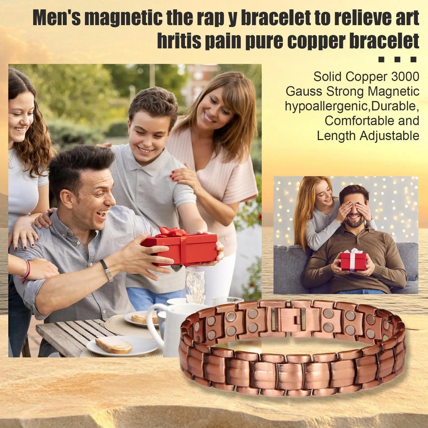 Bracelet Coton & Étain Doré Magnétique Homme – Confort Extrême Sport & Quotidien