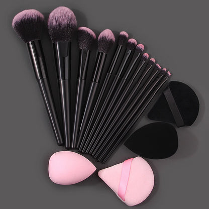 Set 12 Pinceaux Maquillage Doux + 4 Éponges Beauté Triangulaires - Kit Professionnel Portable Houppette Poudre