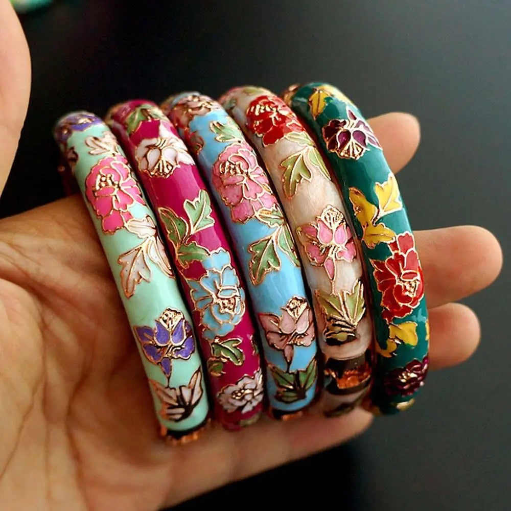 Bracelet Jonc Cloisonné Émaillé Pivoine – Artisanat Ethnique Classique