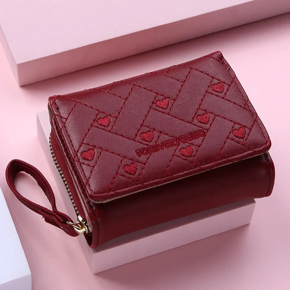 Portefeuille Femme Mignon Cœur Brodé Cuir PU - Trifold Multi-Cartes avec Porte-Monnaie