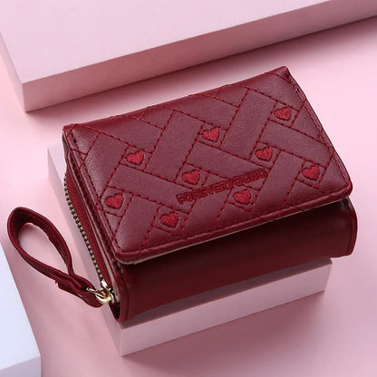 Portefeuille Femme Mignon Cœur Brodé Cuir PU - Trifold Multi-Cartes avec Porte-Monnaie
