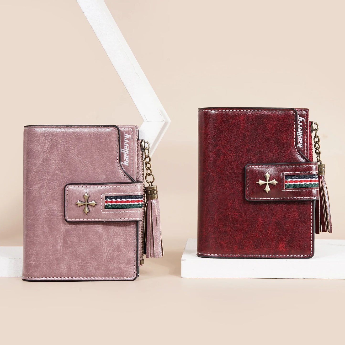 Portefeuille Femme Cuir Ciré Glands - Porte-Monnaie Tri-Fold Multi-Fentes Fermeture Éclair