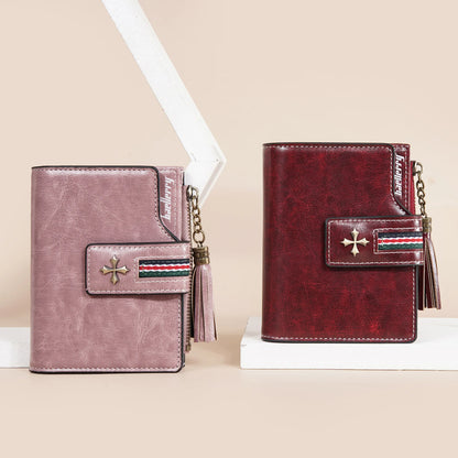 Portefeuille Femme Cuir Ciré Glands - Porte-Monnaie Tri-Fold Multi-Fentes Fermeture Éclair